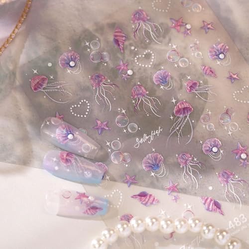 5D Embossed Under The Sea Stickers for Nail Art Jelly Fish Self-Adhesive Nail Art Decals for Women Nail Supplies Art Design Stickers (TL-483) - style: TL-483