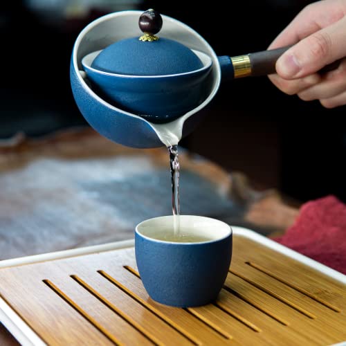 LURRIER Porcelain Chinese Gongfu Tea Set,Portable Teapot Set with 360 Rotation Tea maker and Infuser,Portable All in One Gift Bag for Travel,Home,Gifting,Outdoor and Office(Blue) - color: Blue