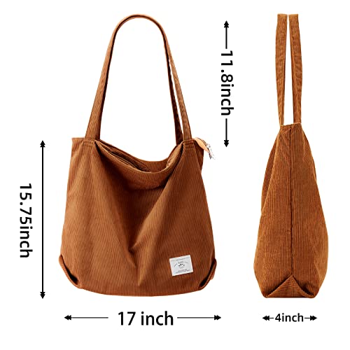 KALIDI Women Corduroy Tote Bag Zipper Casual Tote's Handbag Big Capacity Shoulder Bag with Pockets - color: Brown