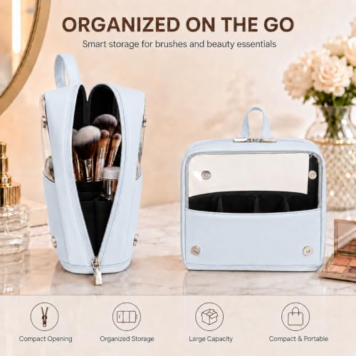 YDR Standing Makeup Brush Bag - Clear Portable Travel Cosmetic Pouch, Large Capacity Foldable Makeup Brush Holder, Water-Resistant Professional Makeup Tool Case for Women & Artists (Light Blue) - color: Light Blue