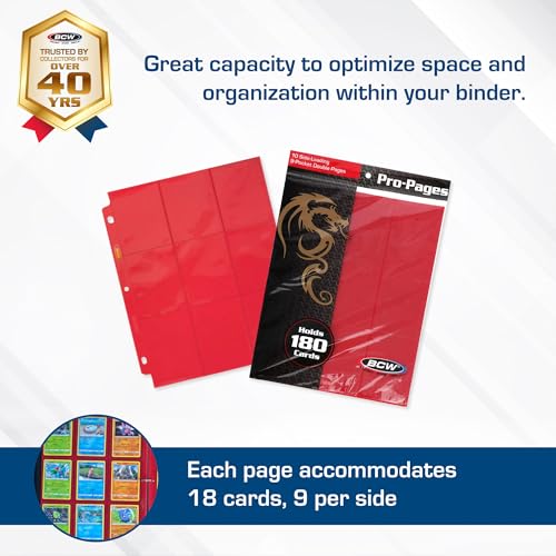BCW Double-Sided 9-Pocket Pages Holder - 50 Red Pages | Trading Card Binder Sheets | Secure Side Loading | Ideal Card Storage and Display Solution - color: Red