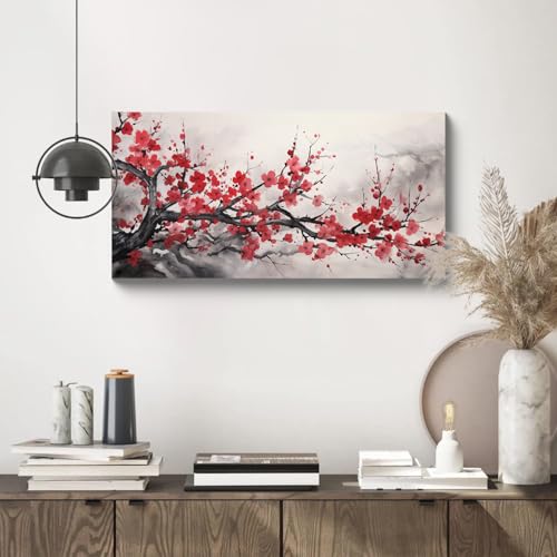NAN Wind Asian Wall Art Traditional Chinese Decor Oriental Red Cherry Plum Blossom Canvas Pictures for Wall Decor for Living Room Landscape Artwork Framed Ready to Hang - color: Red-One Piece-1, size: 16"L x 8"W