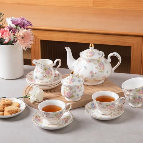 Sweejar Porcelain Tea Set Vintage Floral, British Relief Gold Rim Teapot Cup and Saucer Sets, 22-Piece Tea Sets for Adults, with Teapot, Sugar Bowl, Milk Jug, Spoons, Cup and Saucer (Small Flower) - color: Small Flower