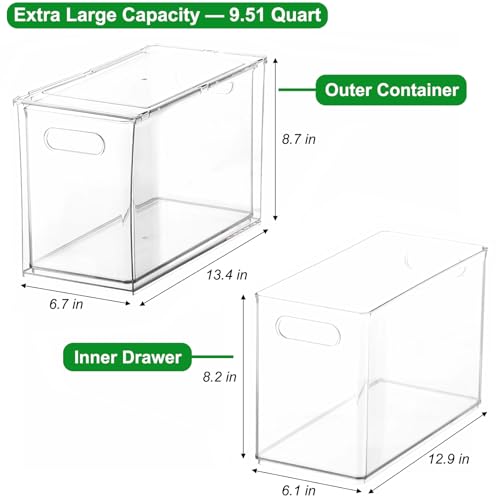 Taiuloo Clear Stackable Storage Drawers - 9.51 Quart Large Plastic Organizer Bins with Pull-Out Drawer, Kitchen Fridge, Bathroom Vanity & Pantry Cabinet Organization