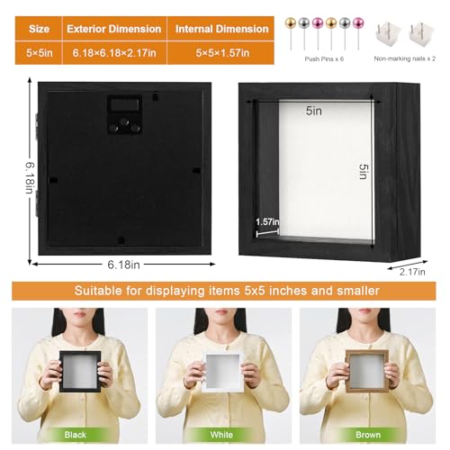 5x5 Black Deep Shadow Box Picture Frame with HD Clear Glass - color: Black, size: 5x5