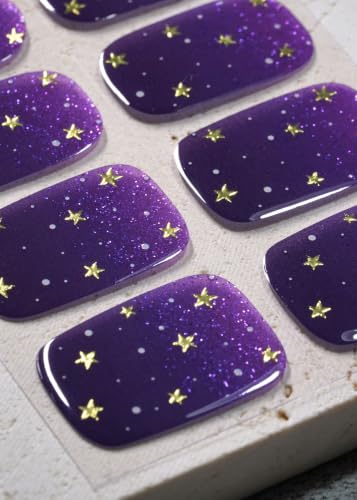 Real Gel Nail Strips (No UV Light Needed) - 44Pcs Salon Quality Nail Stickers - Long Lasting Polish Wraps for Women, Easy Apply & Remove (Deep Purple Star Dust) - color: Deep Purple Star Dust