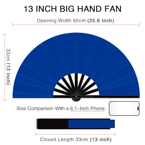 13" Large Folding Rave Fan with Holster, Clack Hand Fans Foldable for Line Dancing for Women Men Festival EDM Party Decoration, Blue 2 Pack - color: Blue