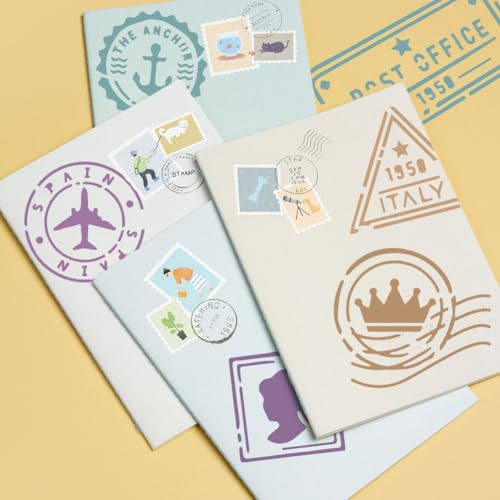 MAYJOYDIY 10 Styles Postal Stencil 11.7×8.3inch Vintage Stamp Travel Seal Stencil with Paint Brush Reusable Post Office Airplane Anchor Drawing Templates for Crafts Furniture Wood Canvas Home Decor - color: Postal