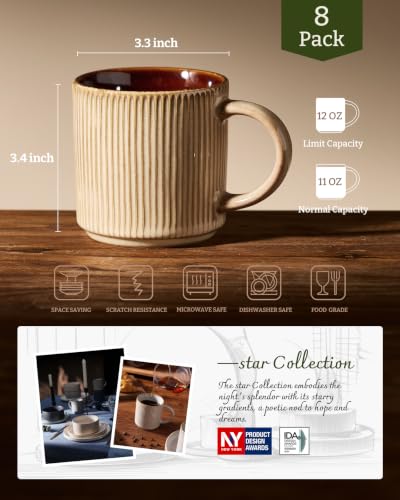 famiware Coffee Mug Set of 8, Star 12 oz Ceramic Mugs Cups Set with Handle - color: Star-Cream Cocoa, size: 8 Count (Pack of 1)