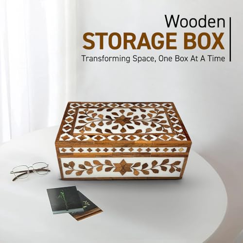 Perilla Home Home Decor Decorative Storage Wooden Box Small Floral Organizer Tool Stash Card Craft Treasure Trinket Memory Keepsake Jewelry Box for Men and Women, Gifts For All, Brown and Off White - color: Brown and off white