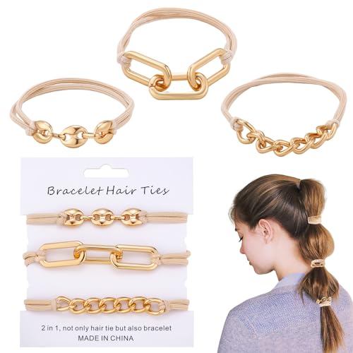 Bracelet Hair Ties for Women Girls 3Pcs Beige Gold Metal Elastic Hair Ties for Long Thick Hair Decorative Bracelet Ponytail Holder No Damage Hair Rubber Bands Ropes Stylish Hair Accessories - color: Hairties(A) 3PCS