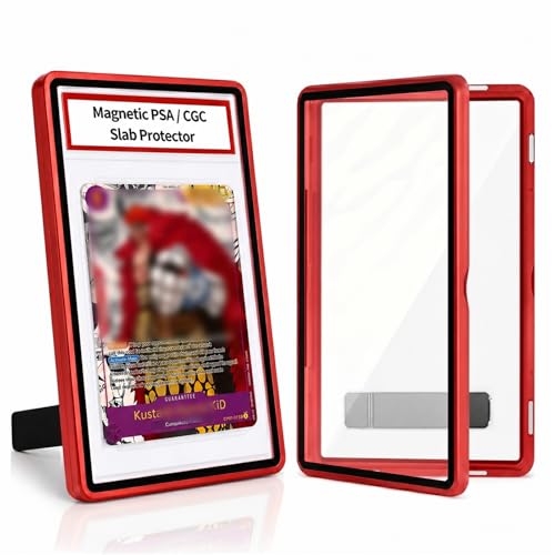 Magnetic PSA/CGC Slab Protector with Foldable Kickstand - UV Protection Tempered Glass & Aluminum Metal Bumper for 35PT PSA CGC CSG AGS, 9-Point Secure Lock Display Guard & Clear View (Red) - color: Red, size: PSA Card Case