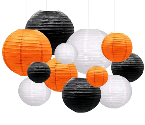 Orange Black White Paper Lanterns Decorative 12pcs Halloween Hanging Decorations for Graduation Thanksgiving Birthday Party Decorations - color: black,orange,white