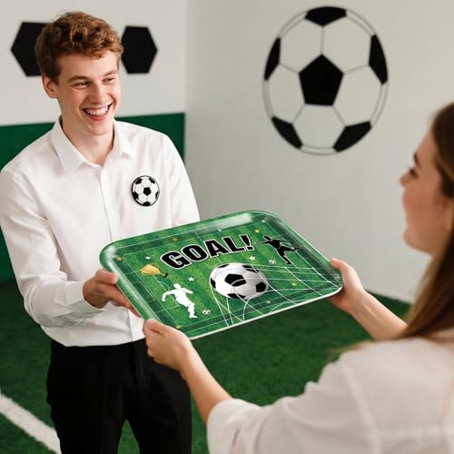 Vesici 4 Pack Soccer Melamine Serving Trays, 13 x 10 in Rectangular Serving Platters with Goal Field & Ball Pattern, Reusable Snack Appetizer Dessert Trays for Game Day Parties, Easy Clean - style: Soccer