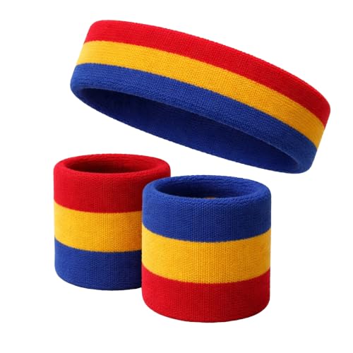 COUVER 3 Color Striped Sports Sweatband Set - color: Blue/Gold Yellow/Red