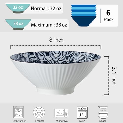 38 oz Japanese Ramen Bowls Set of 6, Large Pho Bowls, 8 Inch Ceramic Blue and White Soup Bowls, Wave Pattern - color: Wave Pattern