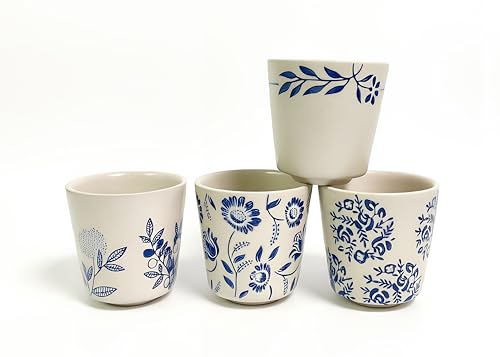 6 oz Chinese Tea Cups, Coffee Cups Ceramic, Handle-less Espresso Cups - color: Blue- Plants 1