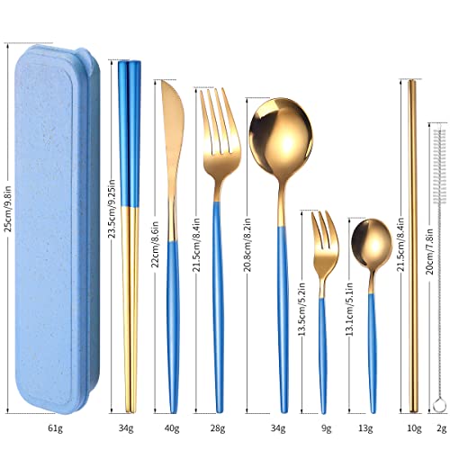 AARAINBOW 8 Pieces Stainless Steel Flatware Set Portable Reusable Cutlery Set Travel Utensils Set Including Chopsticks Knife Fork Spoon Straws Cleaning Brush Dishwasher Safe (Blue Golden) - color: Blue Golden