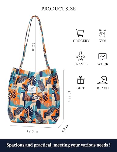 Corduroy Tote Bag Cute Tote Bags for Women Shoulder Bag with Inner Pocket for Work Beach Travel and Shopping Grocery - style: Plantain Leaf