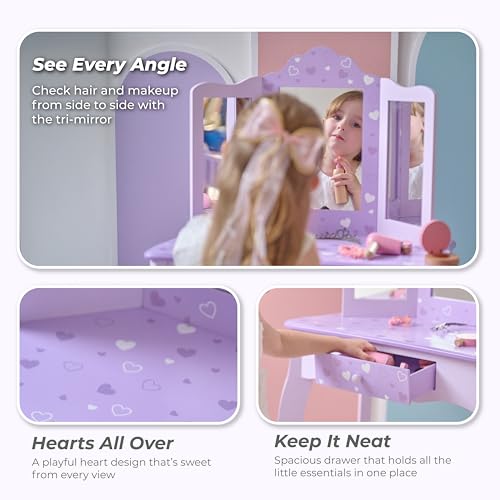 Teamson Kids Classic Hearts Prints Gisele Wood Play Vanity Set, Purple - color: Purple