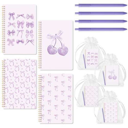 CNhoqc Purple Spiral Journal Notebook, 4 Sets A5 Ballpoint Pens Organza Bags - color: 4-Set Purple Bow