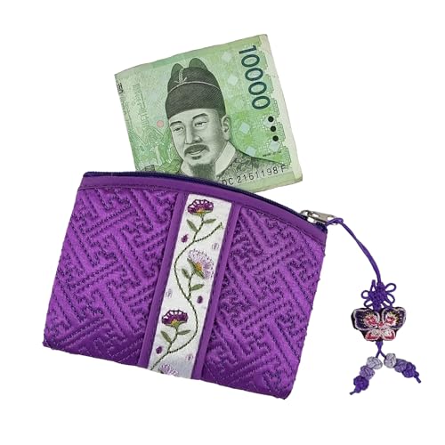 Seoulful Vintage Korean Embroidered Card Pouch - Wildflower Design Coin Purse with Butterfly Charm - Traditional Korean New Year & Chuseok Gift (Light Blue) - color: Light Blue