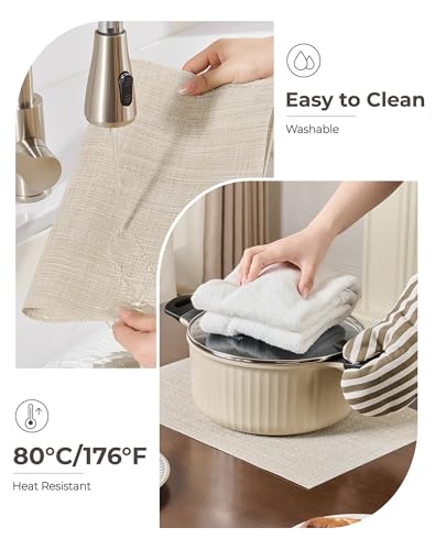 Leetaltree Woven Vinyl Beige Placemats Set of 6 - Linen Look & Easy to Clean - color: Beige, size: Set of 6