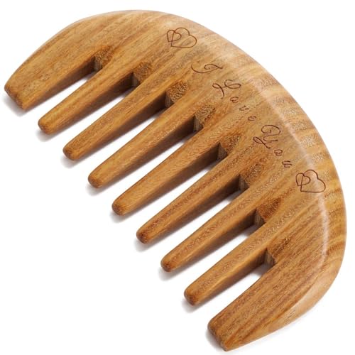 Wide Tooth Wooden Detangling Comb for Scalp and Hair - Green Sandalwood for Women and Men - style: I Love You