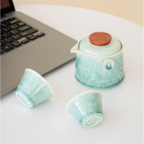 Hermit Life Chinese Travel Tea Set, Portable Ceramic Teapot for One to Two, Gongfu Tea Set with Crystal Glaze, 1 Pot 2 Cups, Gift for Tea Lovers (Mint Green) - color: Mint Green