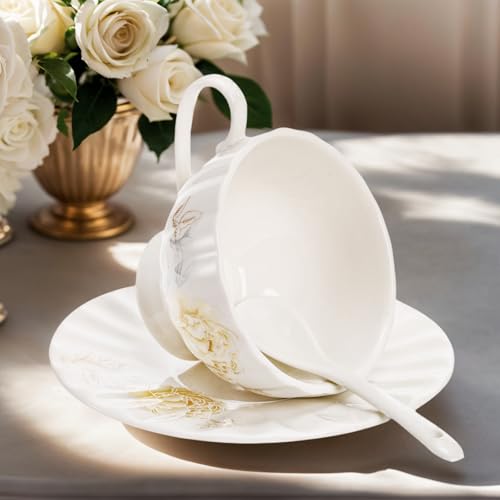WRINGKIT Tea Cups and Saucers Set of 6, 7 Oz, Microwave Safe - size: Small