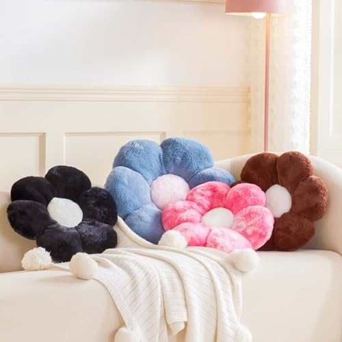 Kcvvcr Black Flower Pillow, Cute Decorative Flower Shaped Throw Pillow with Faux Rabbit Fur, 14.9" Soft Daisy Plush Floor Cushion Aesthetic Room Decor for Bed Sofa Couch - color: Black, size: 14.9 Inch