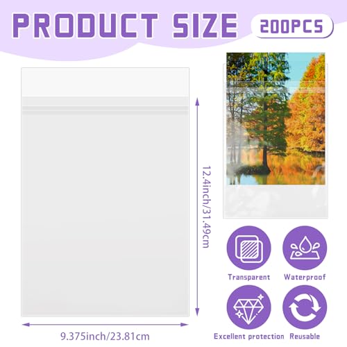 VOKOY 200 Pack 9 3/8 x 12 2/5 inches Crystal Clear Sleeves Storage Bags, Self Sealing Cellophane Bags Magazine Sleeves Protectors for 9x12 Photo Mats Art Prints Drawings - size: 9 x 12 Inch, style: 200 Pack