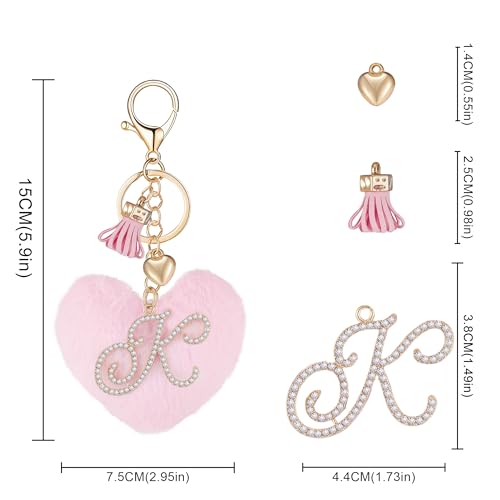 Initial Letter Heart Pom Pom Keychain for Women Pink Soft Fluffy Ball Key Ring for Purse Backpack Handbag - color: K