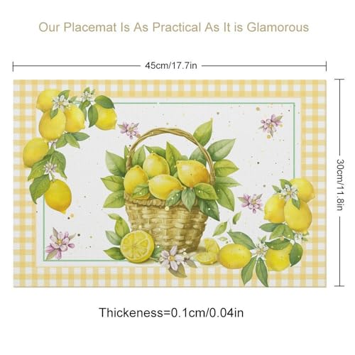 Yellow Lemon Placemats Set of 4, 12x18 Inch Summer Fruits Buffalo Plaid Baskets Floral Farmhouse Seasonal Spring Holiday Coffee Table Mats for Party Kitchen Dining Decoration - color: Pm-lemon03, size: 4pcs