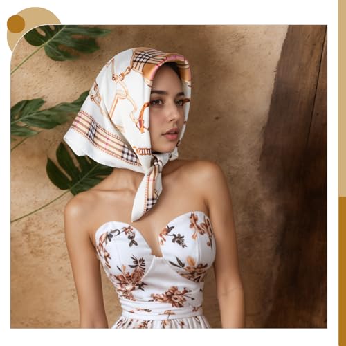 Seawhisper Premium Printed Satin Silk-Like Neck Scarf for Women Square 26" - color: Khaki