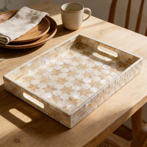 Rectangular Mother of Pearl Serving Tray, Handmade Ottoman Decorative Shell Tray with Handles for Fruit Bread Tea Breakfast Coffee Table Party Home Decor (White Gold Flower) - color: White Gold Flower