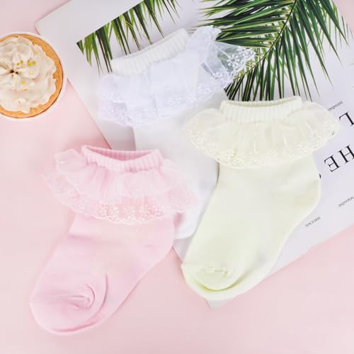3 Pairs Baby Girl Socks Ruffle Sock Lace Frilly Socks for Newborn Infant Toddler 1-2 Years - color: White, Pink, Yellow