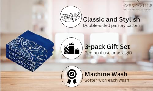 Every-ville Cotton Bandana Handkerchief for Men & Women, 3 Pack - color: Navy Blue