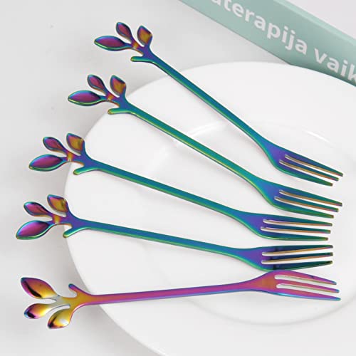 AnSaw 10-Piece Rainbow Leaf Dessert Forks Set - 4.7" Mini Cocktail Forks - color: Rainbow