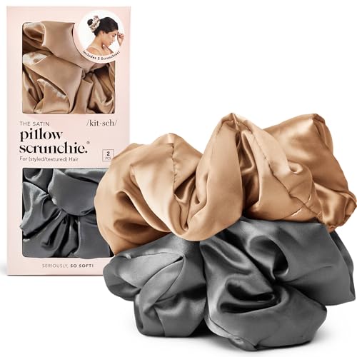 Kitsch Pillow Satin Scrunchies for Women - Charcoal & Gold, 2pcs - color: Gold