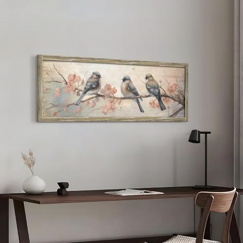 ARTISTIC PATH Rustic Spring Sparrow Wooden Framed Wall Art 36x12 Inch - color: pink, size: 36"L x 12"W
