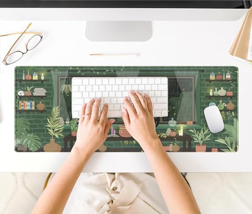 Kawaii Rainy Night Desk Mat Green Plants Gaming Mouse Pad XL, Aesthetic Anime Black Cat Desk Pad Laptop Computer Keyboard Mouse Mat, Desktop Decor Accessories for Girl Women Office 31.5"x11.8" - color: Green Rainy Night Plants