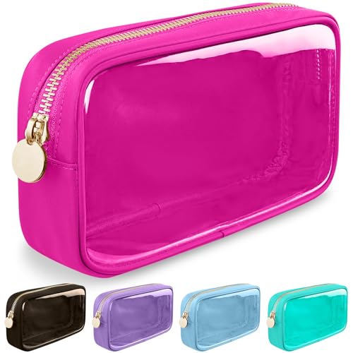 Small Clear Travel Makeup Organizer Bag for Purse, Preppy Makeup Bag Cute Cosmetic Zipper Pouch Purse, Transparent PVC & Nylon Waterproof Toiletry Storage Clutch Coin Pouch for Women Girls(Hot Pink) - color: Hot Pink-Clear, size: Small