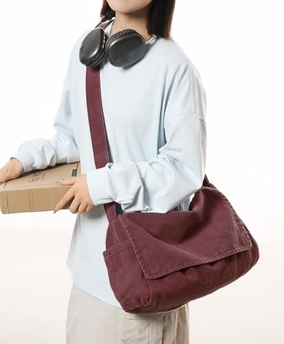 Messenger Bag for Women Men Satchel Bag Canvas Crossbody Shoulder Bag Casual Sling Bag - color: Red
