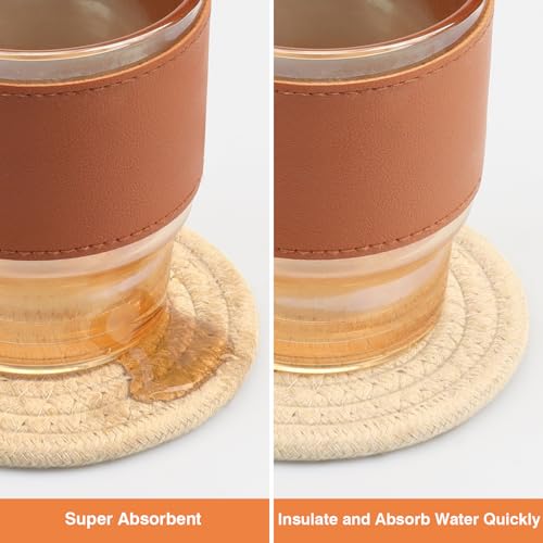 4.8" Boho Woven Drink Coasters Set of 2 - Absorbent Cute Cup Coasters Minimalist Drink Pads for Coffee Tea, Perfect for Desk Nightstand Table Furniture, Giftable Coaster for Home Office (Khaki) - color: Khkai