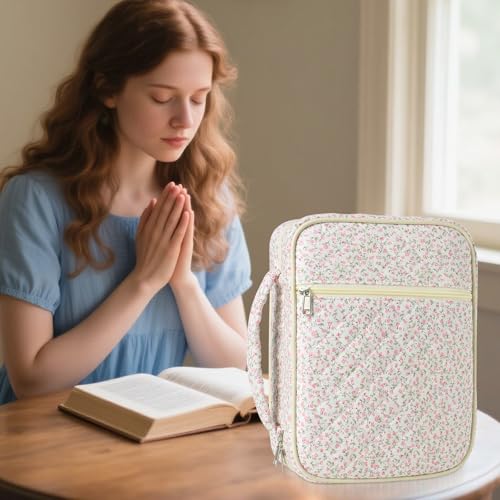 Large Bible Cover Case for Women, Large Floral Quilted Cotton Bible Carrying Cases Protective Bag with Handle and Zippered Pocket for Christian, Bible Study Supplies Christian Gifts (Pink Floral)