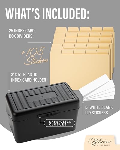 OFFILICIOUS Index Card Box 3x5 - Recipe Box with Manila Dividers & Stickers - Premium Index Card Holder Ideal as Business Card Organizer, Recipe Card Box, Index Card Organizer, Flash Card Holder - color: 139 Pcs Set, size: 3 x 5 Inches