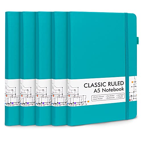5 Pack Journal Notebook Bulk for School, Feela Hardcover Business Notebooks Classic Ruled Lined Journals with Pen Holder for Work Note Taking, with 5 Black Pens, 120 GSM, 5.1”x8.3”, A5, Emerald - color: 5 Pack emerald