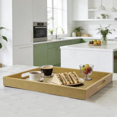 18 x 12 inches Leather Ottoman Serving Tray with Hole Handles, Rectangle Modern Service Tray for Living Room, Coffee Table, Bed, Tea, Food, Butler Countertop, Kitchen, Dinner, Picnic (Brown) - color: Brown, size: 18" x 12" x 2"