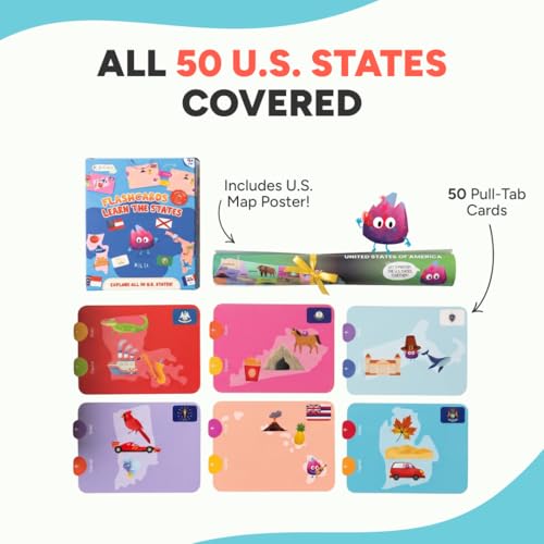 Kidrox Flashcards: Learn the 50 U.S. States – Pull-Tab Geography Game for Kids Ages 6+ | State Maps, Flags & Capitals | Includes U.S. Map Poster - color: Learn the Us States